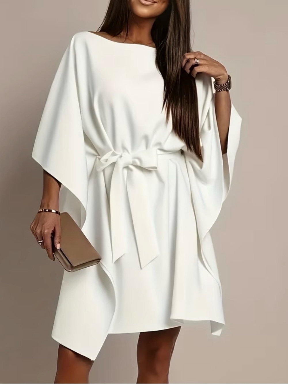 Elegant White Belted Cape-Sleeve Dress